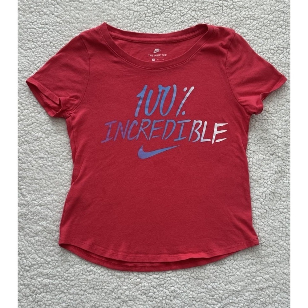 Girls Size Medium Pink Nike T-shirt 100% Incredible Logo Blue White Short Sleeve